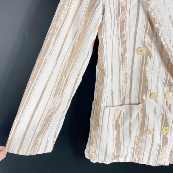 7 for All Mankind Shine Blazer Ivory Gold Stripe Button Front Double Breast Sz L - Picture 8 of 16